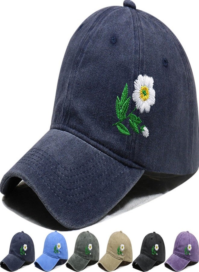 Busnos Flower Baseball Hat Baseball Cap Funny Trucker Hats for Women Cute Distressed Ball Caps Dark Blue Ponytail Hat for Women - Image 1